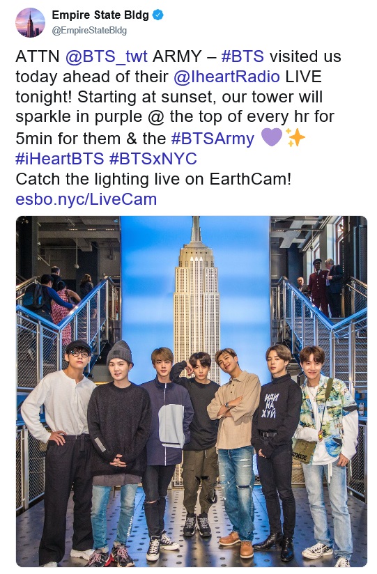 BTSの訪問を公式Twitterで知らせたエンパイア・ステート・ビル