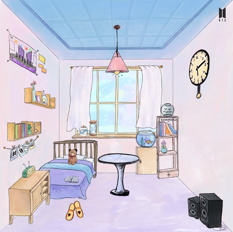 "ARMYの部屋"にテーブルと時計を描いたジミン