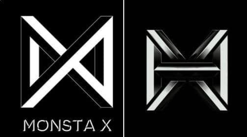 類似していると疑惑が浮上したMONSTA X(左)のロゴとJYP新人ガールズグループのロゴ