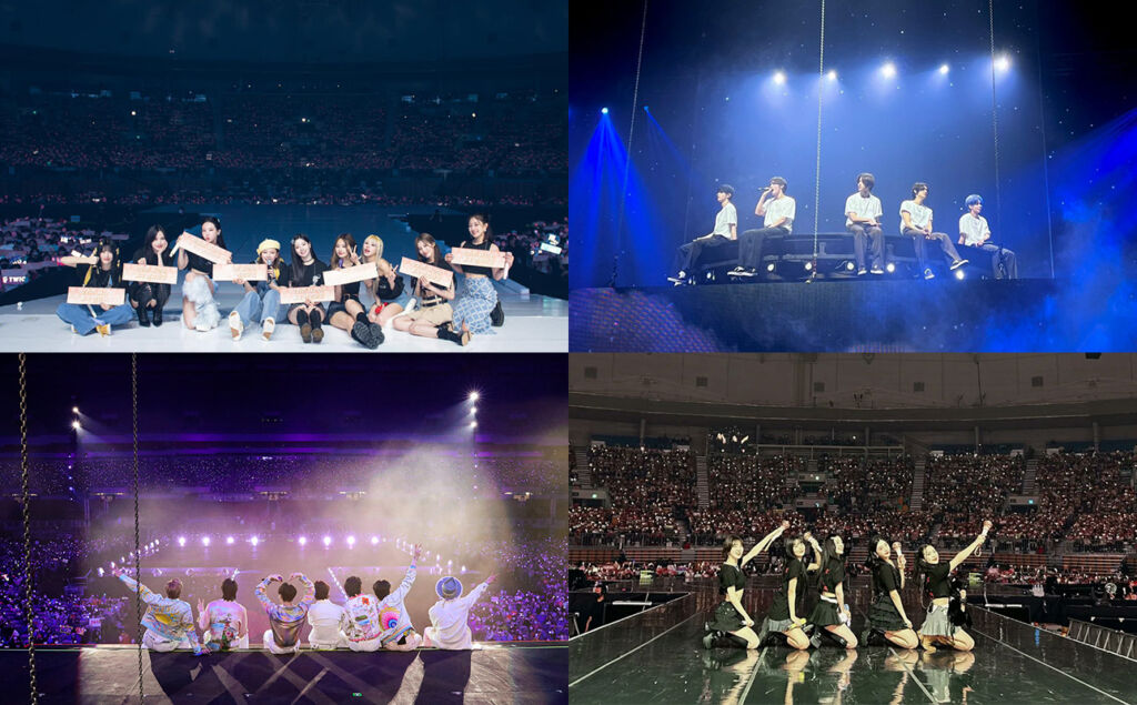 世界各地でコンサートを行っているTWICE(左上)、TXT(右上)、Red Velvet(右下)、BTS(左下)などのアイドル達